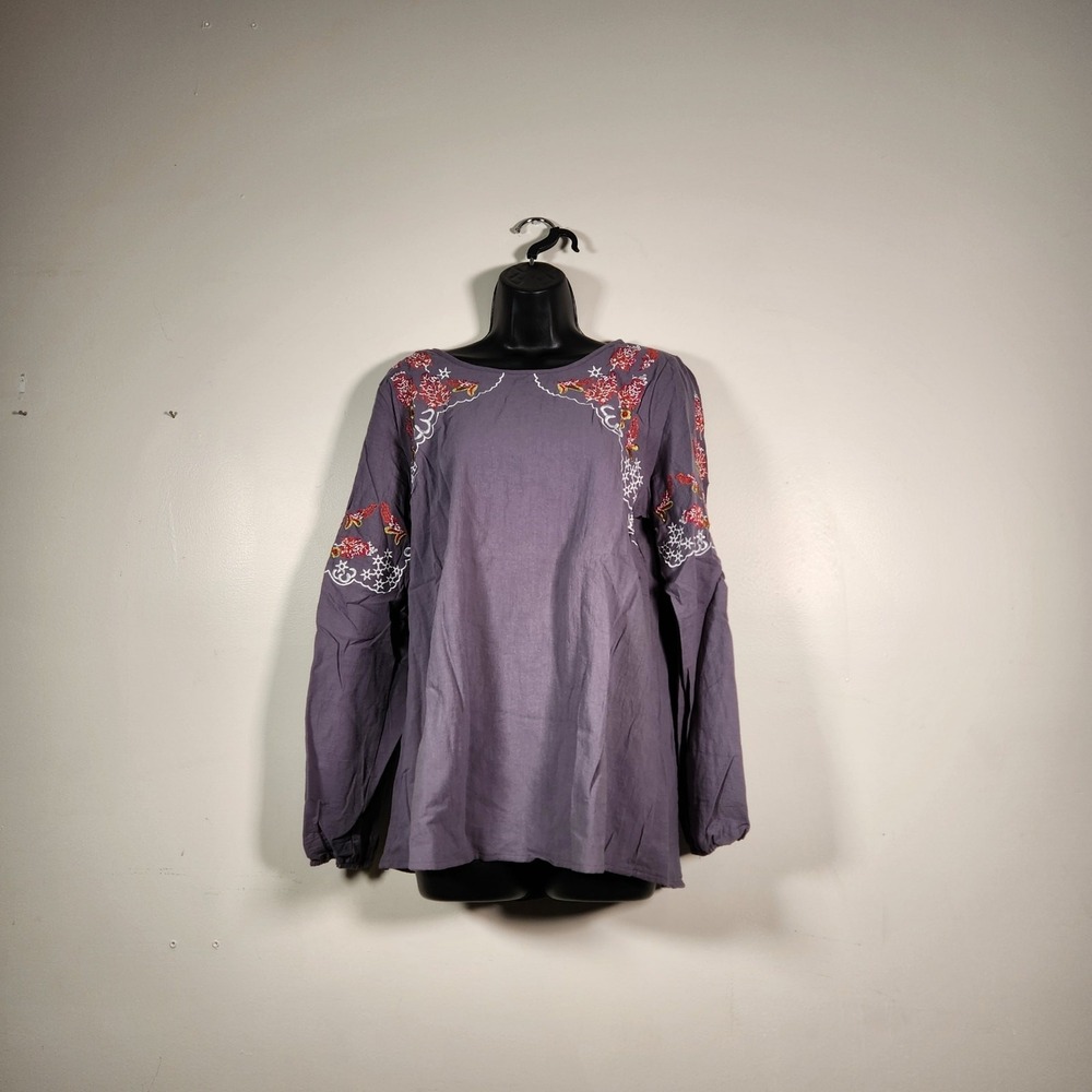 MISSLOOK‎ Tunic Blouse Womens M Plum Multi LS Boho Bohemian Hippie Embroidered